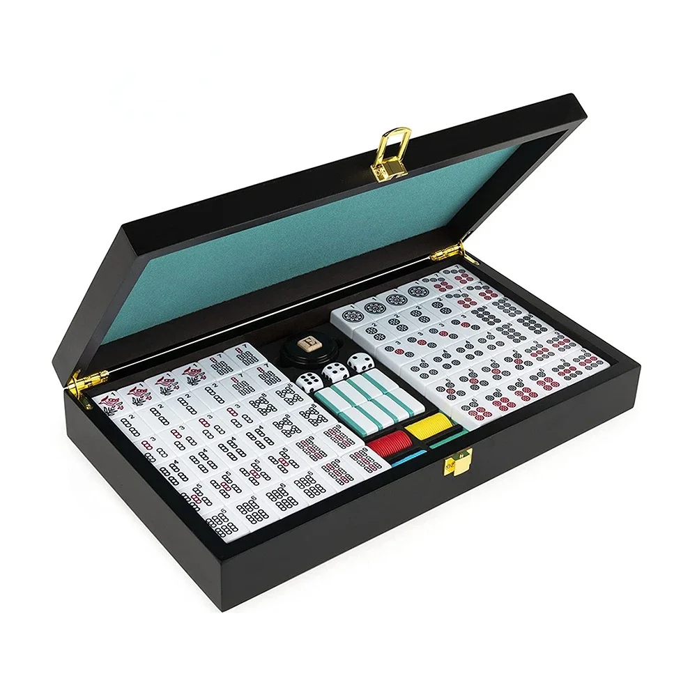 Luxury classic mahjong game set, 152 mahjong cards, with wooden storage box, suitable for indoor games