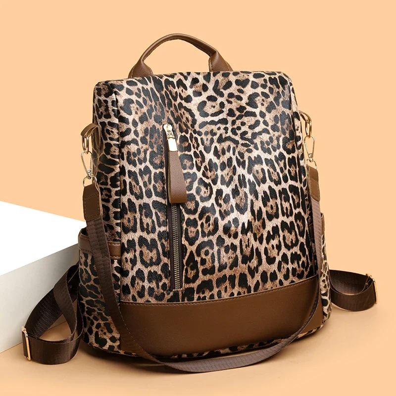 Hot Trendy Leopard PU Zipper Spring Fashion Retro Backpacks for Women 2025 High Quality Personality Designer Style School Bags