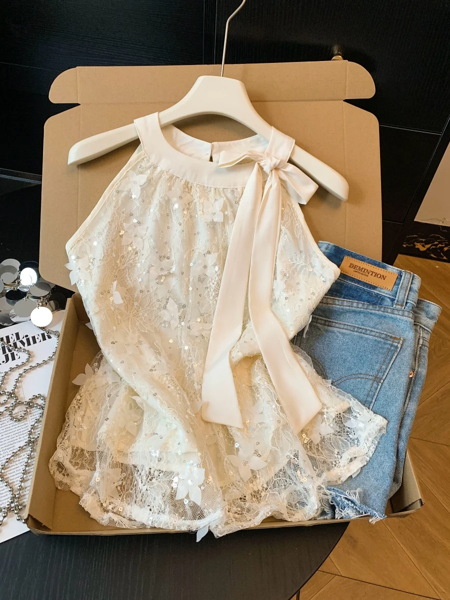 

Chic Summer New Style Lace Shoulder Bared Neck Hanging Strapless Shirt Women's Sweet Loose Fit No Sleeve Top Knot