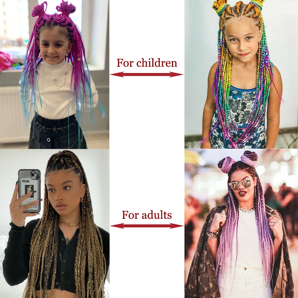 Synthetic 24inch Girls Colored Box Braided Ponytail With Elastic Rubber Band Hair Extensions Rainbow Color Box Pigtail Hairpiece