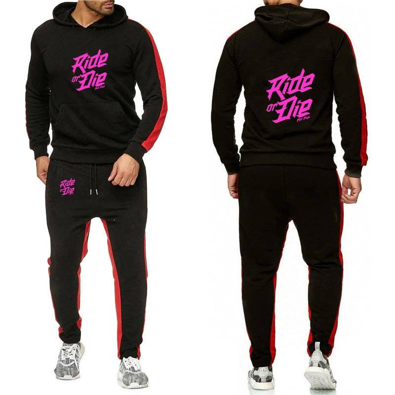 

Ride or die bike Logo Print High Street Trendy Handsome Smooth and Clean Solid Color Daily Commute Hoodies Pants Sports Suits