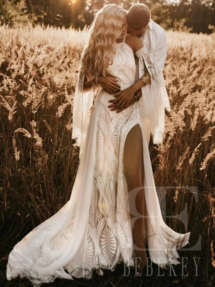 BEBEKEY ที่กําหนดเอง Boho ชุดแต่งงานลูกไม้ที่ถอดออกได้แขนด้านข้างแยกงานแต่งงานอย่างเป็นทางการชุด A-Line ชุดเจ้าสาว Robe