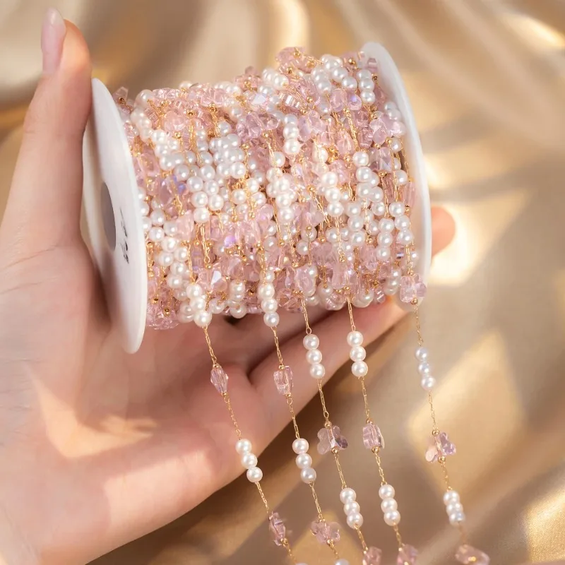 

Золотистая цепочка из нержавеющей стали с бусинами, цепочка с кристаллами в виде бабочек, цепочка с жемчужными бусинами, 0,5/1 метр, для самостоятельного изготовления ожерелий и браслетов