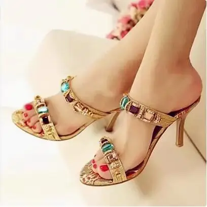 Small Size Sweet Girls Colorful Crystal Diamond One Line Open Toe Slip On 5 8 CM Thin Heels Slippers Women High Heel Sandals