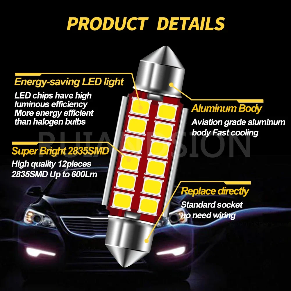 Festoon LED Bulb C5W Super Bright, Canbus Brave, Free Auto Interior Doom Lamp, Car Styling Lights, 6V, 12V, 31mm, 36mm, 39mm, 41mm, 2835SMD, 2Pcs