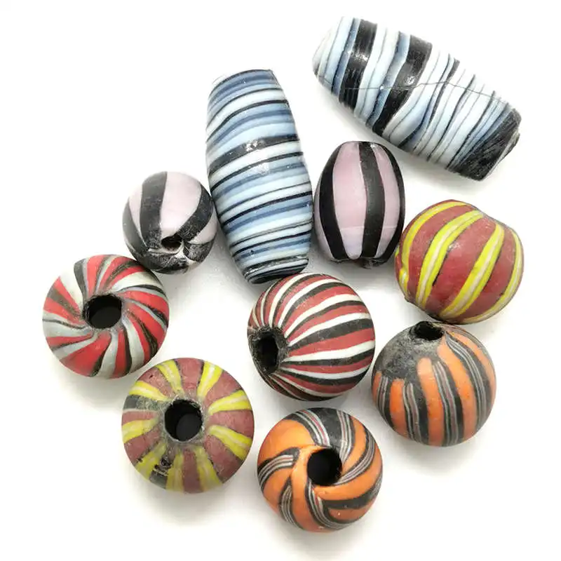 10PCS Ancient Method Stirred Stripes Glaze Beads Handmade Trade Lampwork TSB0255