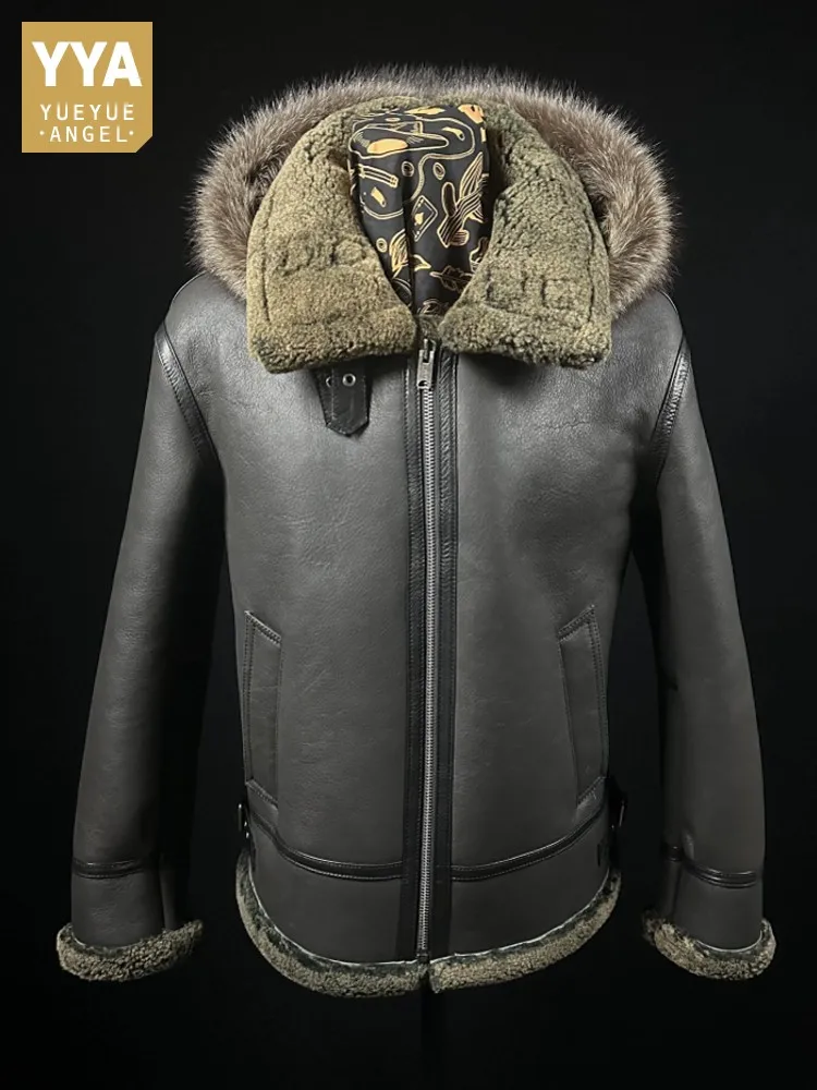 

Vintage Mens Winter Warm Real Fur Pilot Jacket Hooded Sheepskin Real Leather Wool Lining Coat Natural Shearling Overcoat L-8XL
