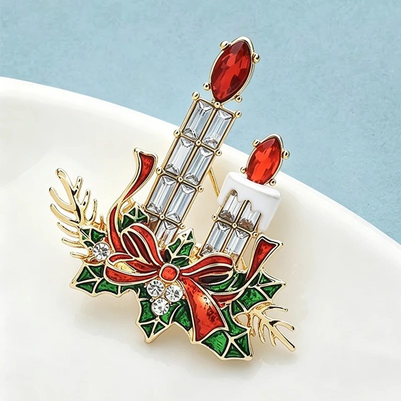 Wuli&baby Charming Candles Brooches For Women Rhinestone Enamel Light New Year Christmas Brooch Pins Gifts