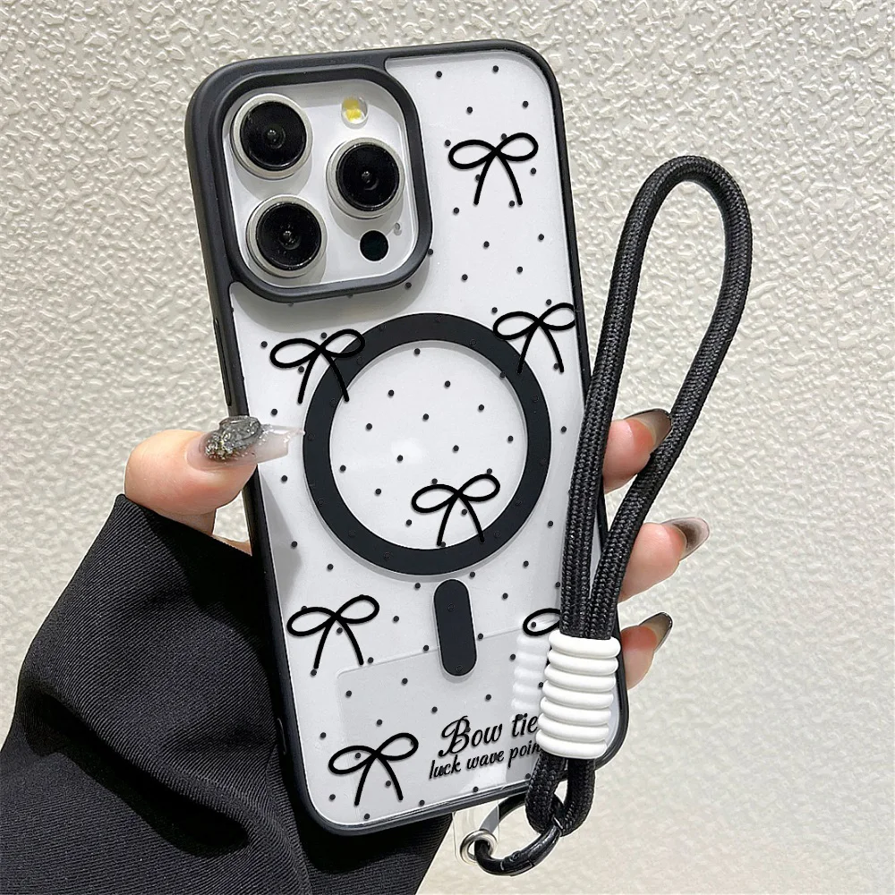 Luxus Lanyard Magnetische Bogen Knoten Telefon Fall Für iPhone 17 Pro Max 16 13 11 15 14 12 17 pro max Stoßfest Acryl Matte Abdeckung Capa