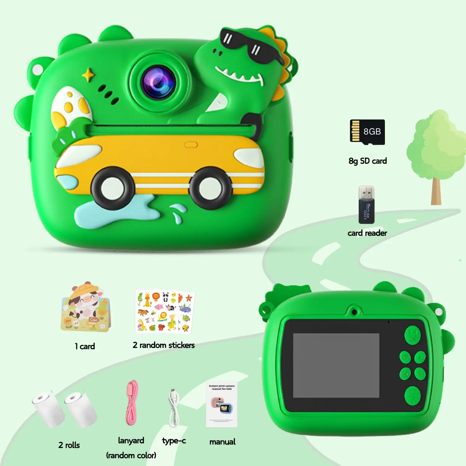 كاميرا طباعة فورية ملونة خضراء لطيفة مع بطاقة SD كاميرا طباعة فيديو صغيرة مع ورق صور هدية للأولاد والبنات