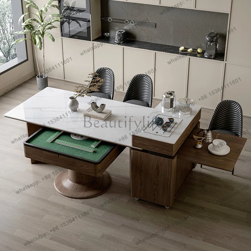 yj9 Slate telescopic island table mahjong machine walnut living room integrated three-purpose