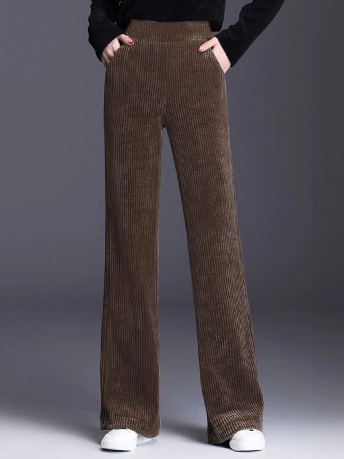 Thiened Fce 裏地付きまたは裏地なし ストレートレッグ ワイドレッグパンツ ハイウエスト 韓国風 通勤 ファッション ポリエステル繊維