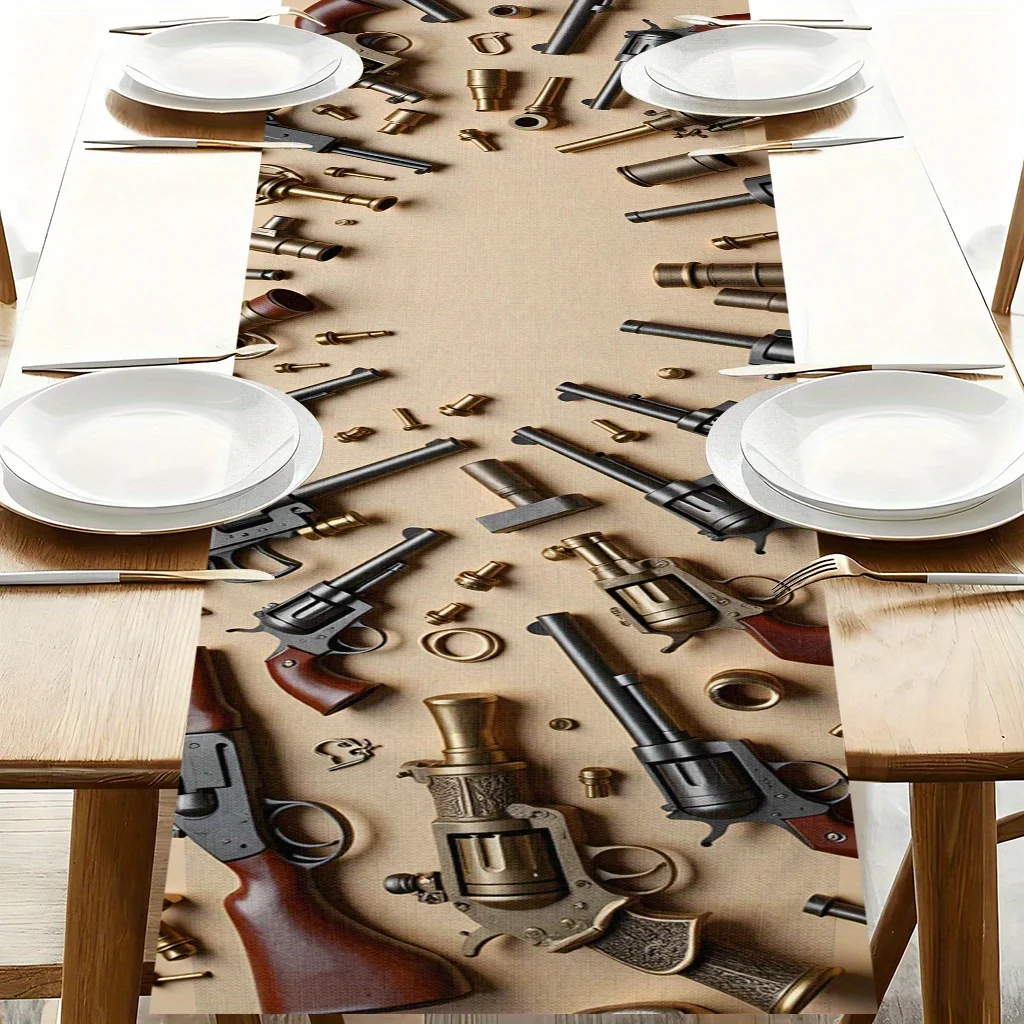 Firearms Theme Table Runner - Realistic Revolver Rifle & Bullet Pattern Table Cover for Western Parties, Man Cave & Shop Decor