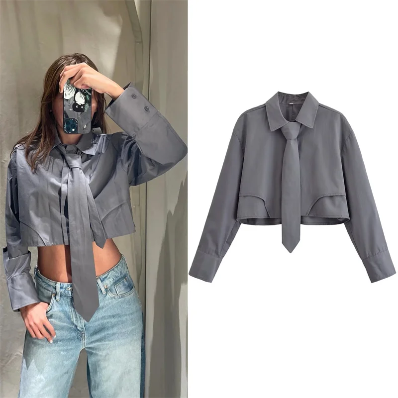 Chemise femme 2025 automne nouveau Style gris à manches longues chemise courte avec cravate décoration Sexy à la mode décontracté et Unique