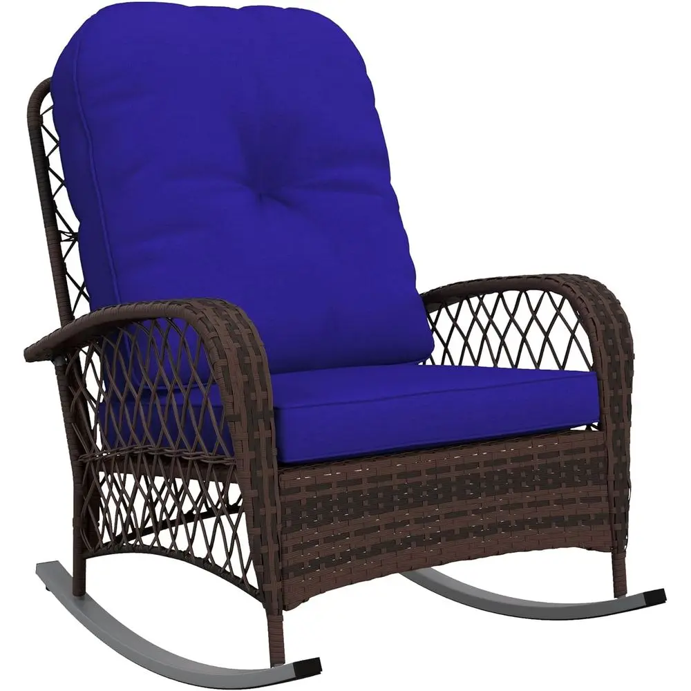 

Wide Seat Outdoor Wicker Rocking Chair with Thick Cushion, Rattan Rocker for Patio or Garden in Navy Blue