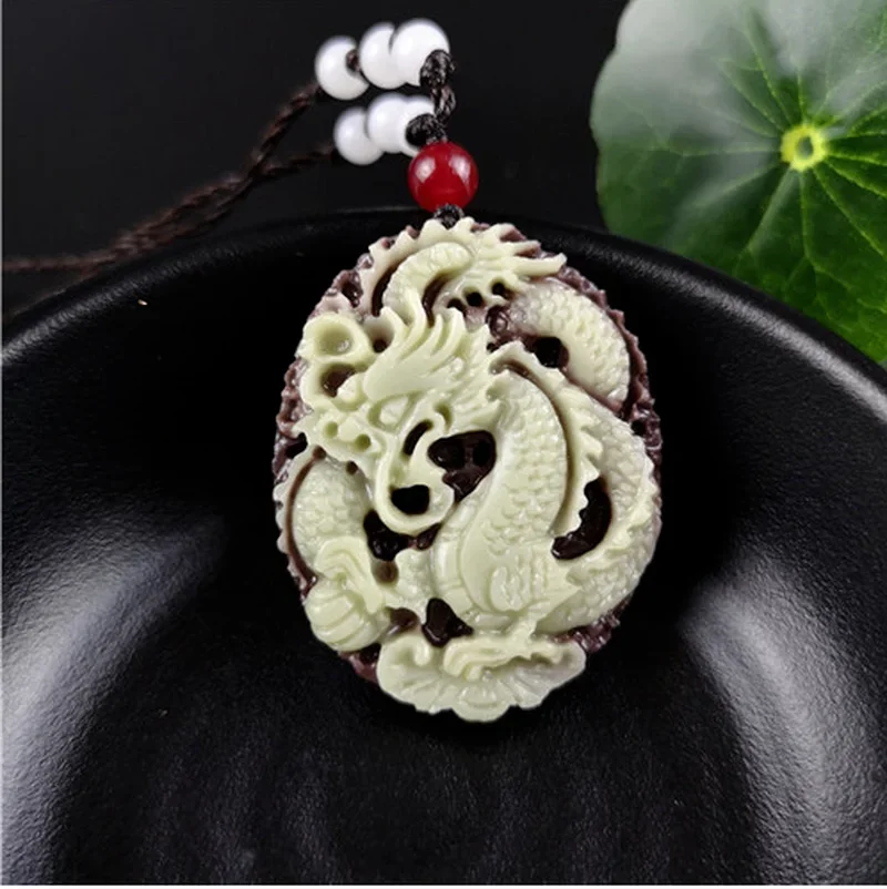 Natural jade Dragon Pendant Beads Necklace Charm Jewellery Fashion Accessories Hand-Carved Man Lucky Amulet Gifts