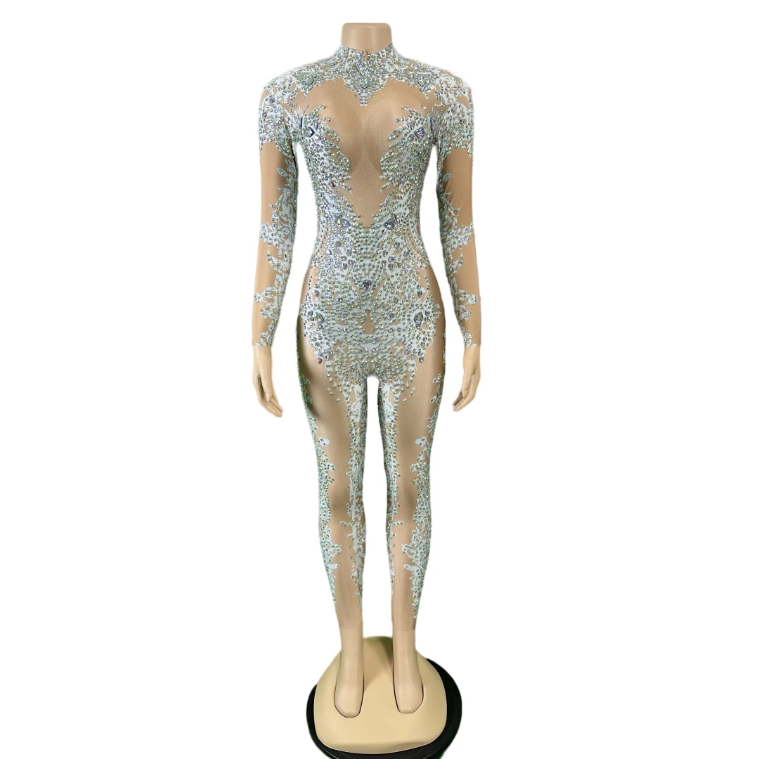 

White Sparkly Rhinestone Long Sleeve Stretch Jumpsuits For Women Pole Dancing Glitter Drag Queen Outfit Charming Bodycon Tights