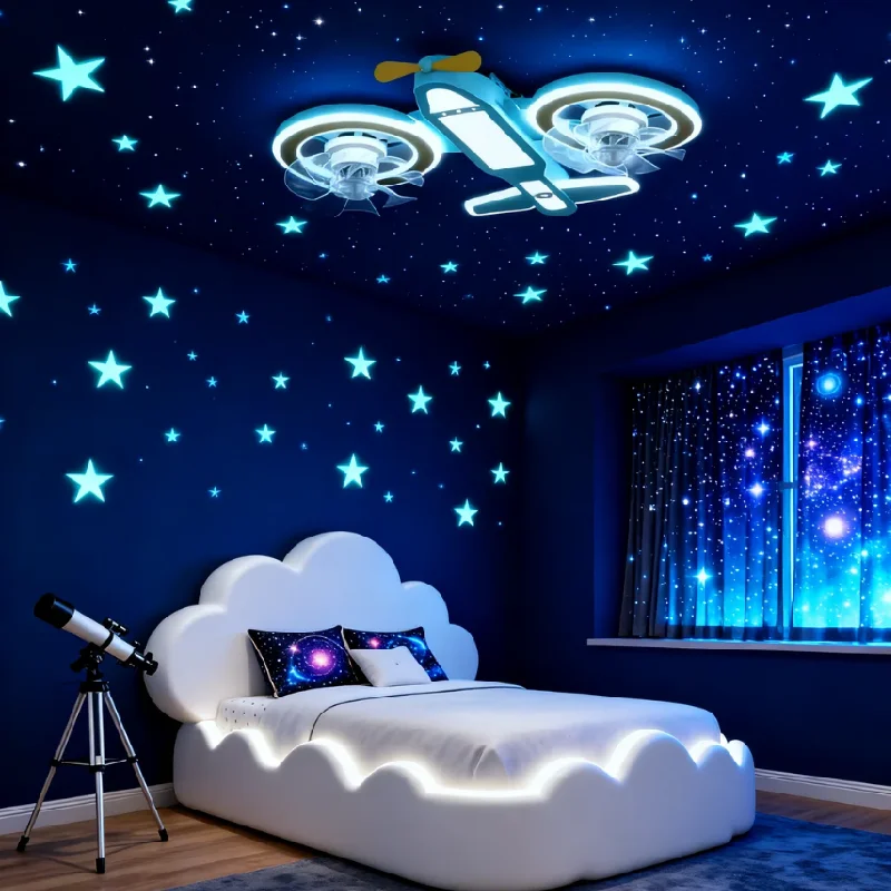 New Model Airplane Ceiling Fan Light Cartoon LED Fan with Strong Wind Quiet LED Fan Safe for Kids Boy Bedroom Nursery Home Decor