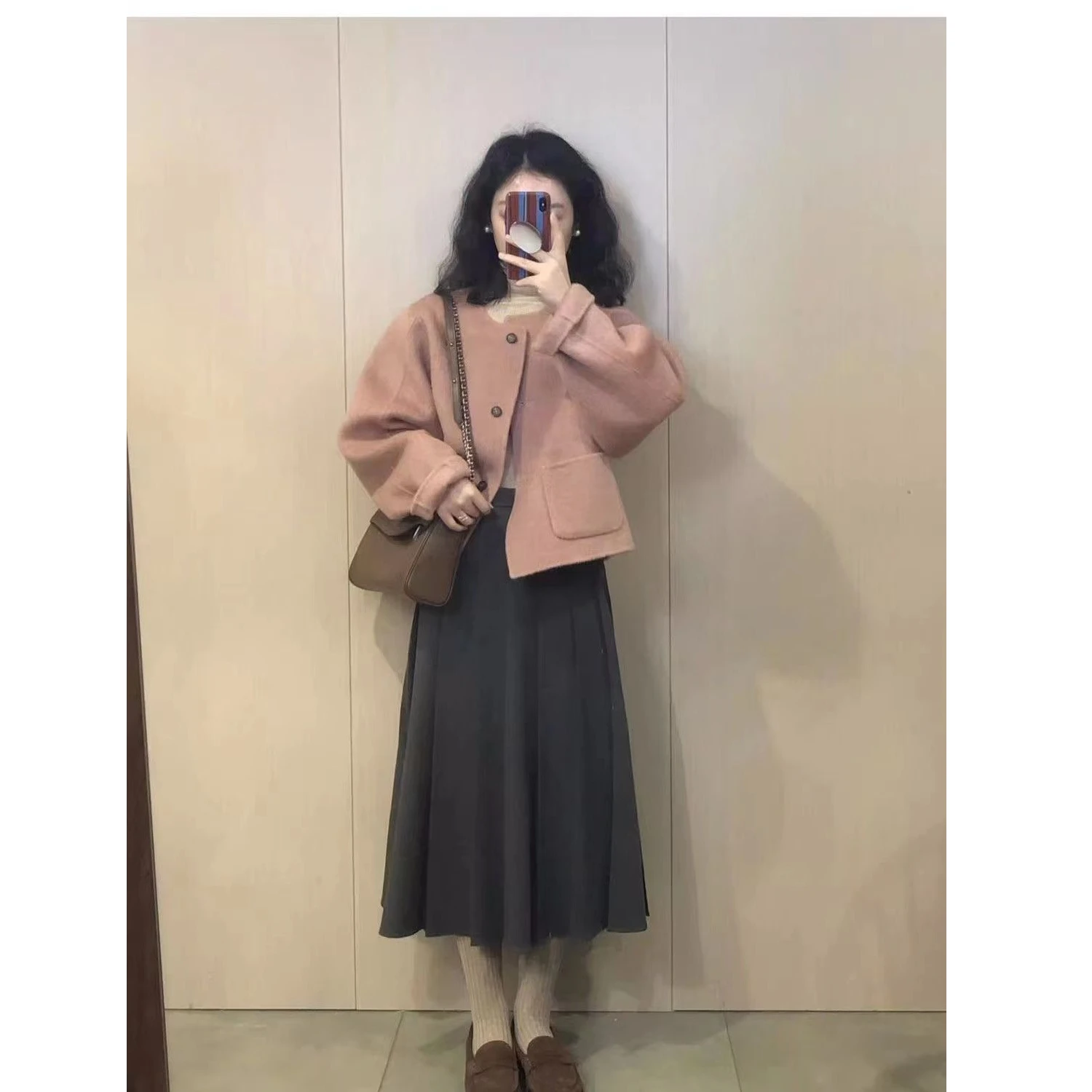 Abrigos de mezcla de lana Abrigo de lana para mujer Algodón añadido Otoño Tweed Bloqueo de color Cremallera Cortada Cuello alto Manga de globo Cara