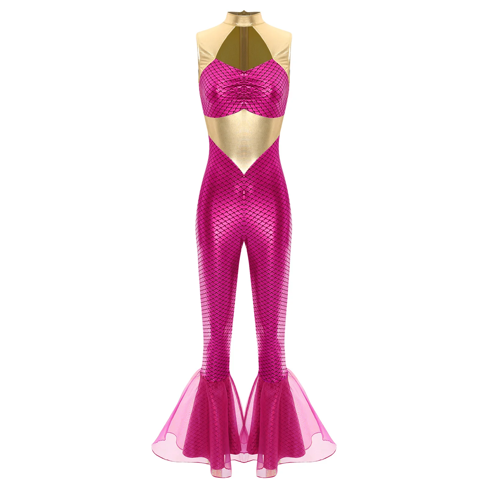 

Women Halloween Metallic Mermaid Cosplay Performance Bodysuits Shiny Fish Scales Pattern Siren Mermaid Pool Party Beachwear Suit