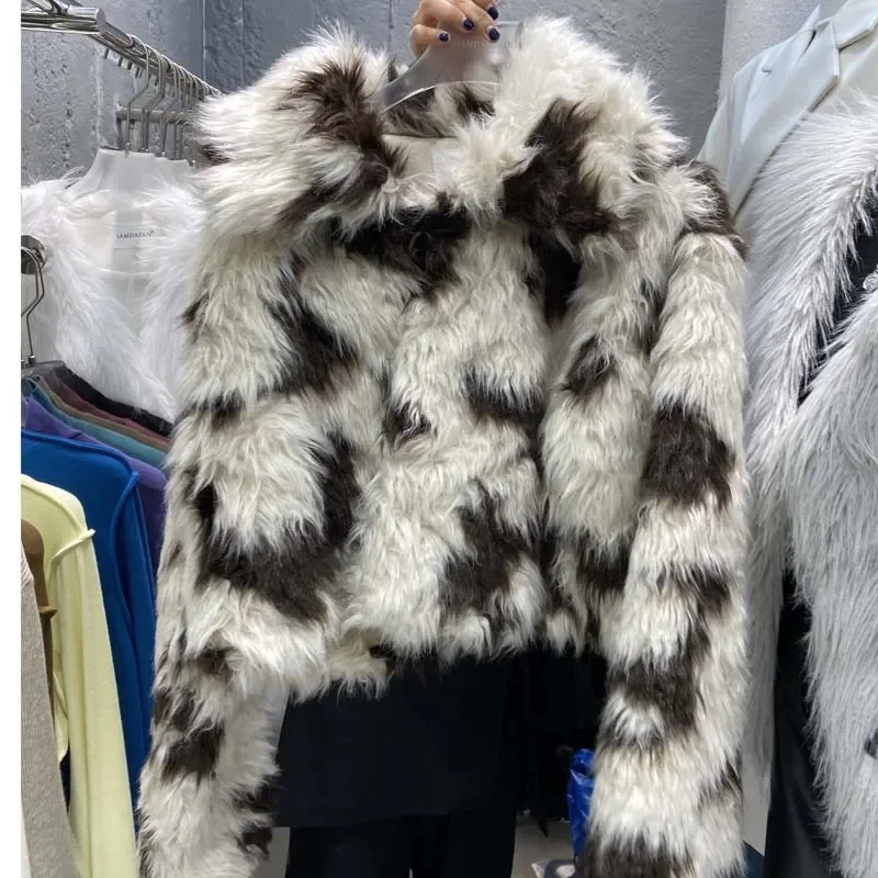 Autumn Winter Thick Hort Jackets Leopard Pattern Womens Clothing Fur Collar Lamb Wool Roll Imitation Coat Long Sleeve Short Tops