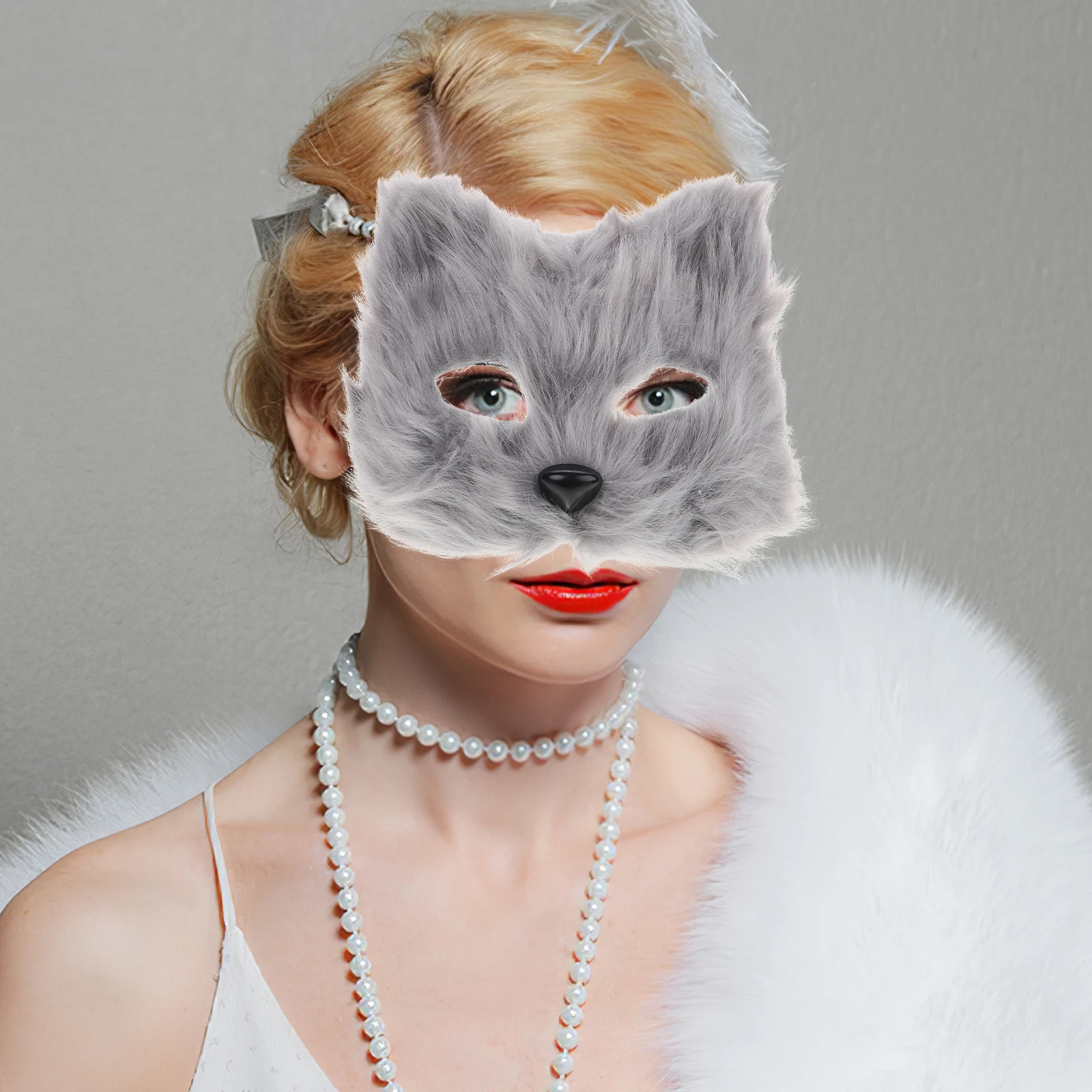 

Half Face Mask Masquerade Wolf Ears and Tail Moving Faux for Cos Gray Graffiti Bridegroom