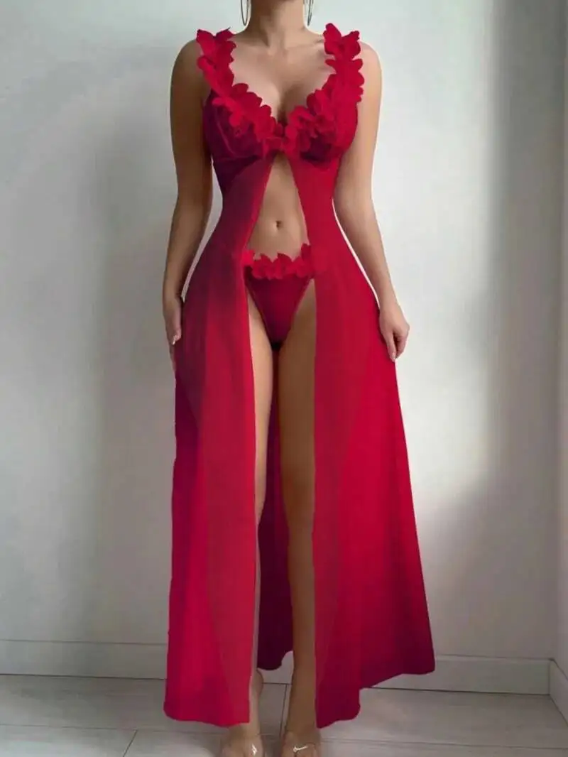 Dames sexy ‌ Sensuele rode diepe v-hals bloemen kant lange jurk met hoge split voor vrouwen mesh kant bloemen pastorale sexy jurk IIDQ