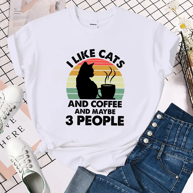 T-Shirt Women'S Premium T-shirtI Like Cats Coffee Maybe 3 People Trend Style Cute Spring Clothes Summer Print Lady Female tops