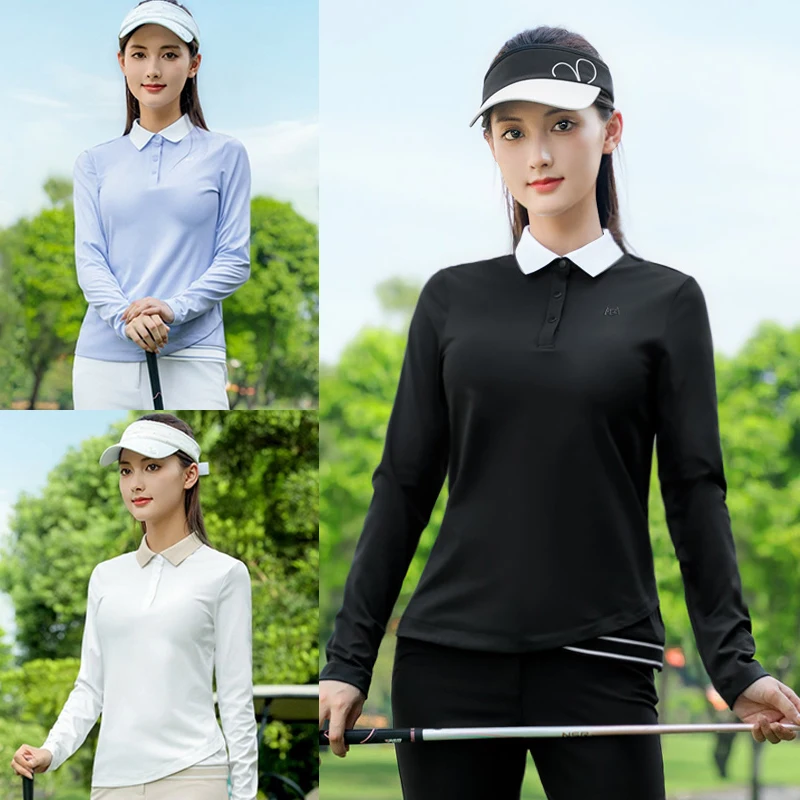Pgm 2025 Golf Wear Autumn Women's Simple Elastic Tops Long Sleeve Casual Sports Polo Shirt Solid Color Versatile T-Shirt