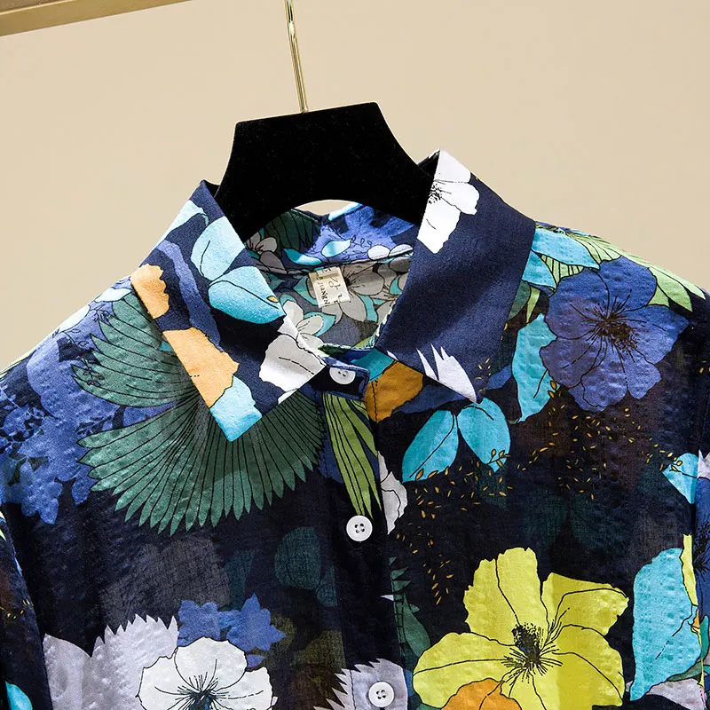 Floral Printing Vintage Polo-Neck Single Breasted Long Sleeve Women\'s Blouse Shirt Casual Female Clothing Tops Fashion Blouses
