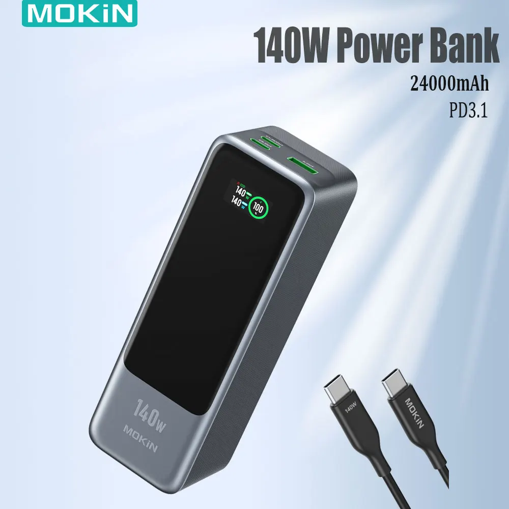 MOKiN 140W Power Bank,24000mAh 3 Output Type C Fast Charge Portable External Battery,PD 3.1 Battery Pack for iPhone MacBook iPad