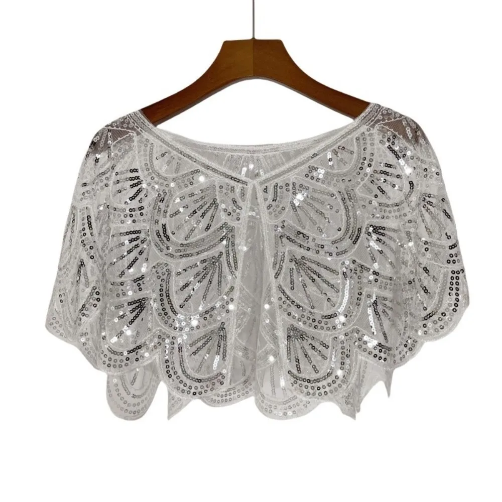 

Vintage Ruffle Sequins Poncho Coat Blingbling Mesh Short Cape Hollow 1920s Theme Flapper Shawl Outerwear