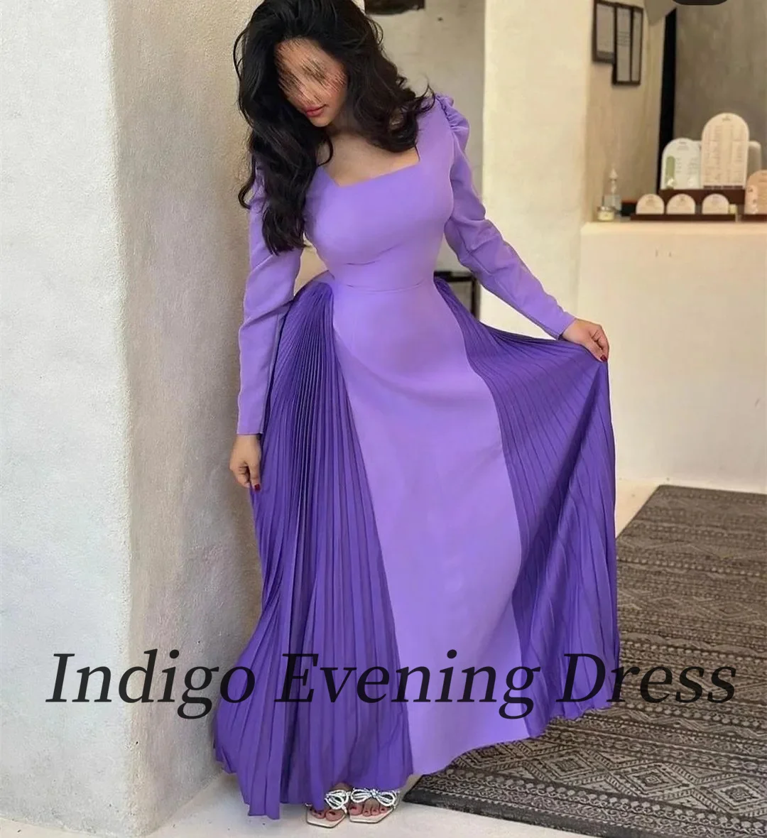 Indigo-Vestidos de Noche plisados con escote cuadrado para mujer, vestido sencillo de manga completa para ocasiones 2024