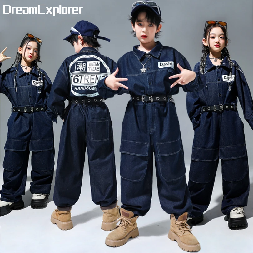 Kids Street Dance Denim Overalls Rompers Boys Hip Hop Bodysuit Girls Cargo Jeans Pants Jumpsuits Children Streetwear Dungarees