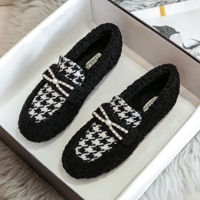 Winterschuhe für Damen, flockige Stiefel, modisch, Hahnentrittmuster, warm, lässig, flach, Boot, Bootie, Mädchen, Outdoor, Plüsch-Loafer