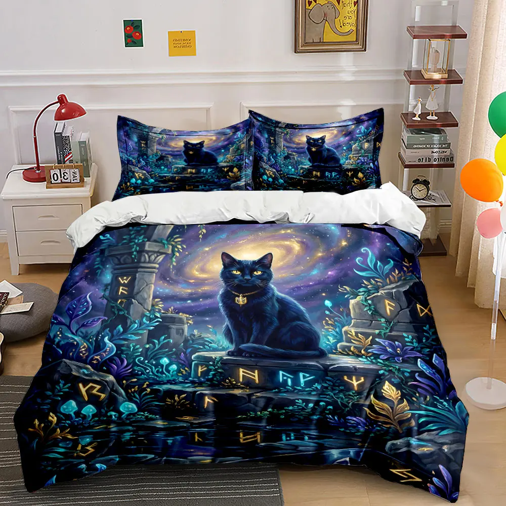 Magical Black Cat Galaxy Bedding Print Bedding Set 1 Duvet Cover 2 Pillowcases for Adult and Children Luxury Gift Full Size