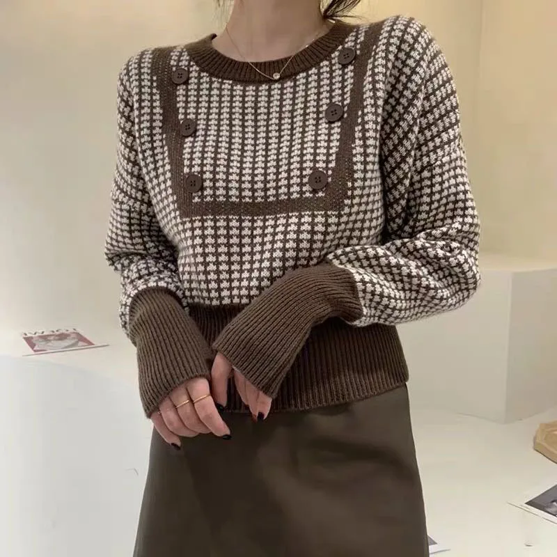 Zoki Houndstooth Vintage Sweaters Women Long Sleeve Casual Patchwork Knitted Jumpers Korean Loose O Neck Retro Buttons Pullovers