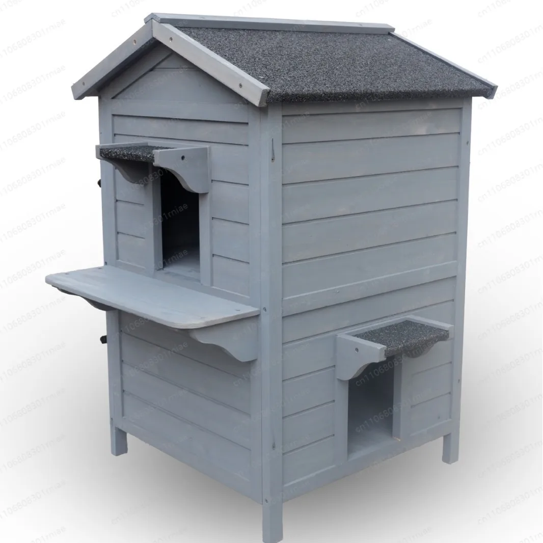 2 Tier Wooden Outdoor Cat House Waterproof Asphalt Roof Weatherproof Pet Shelter