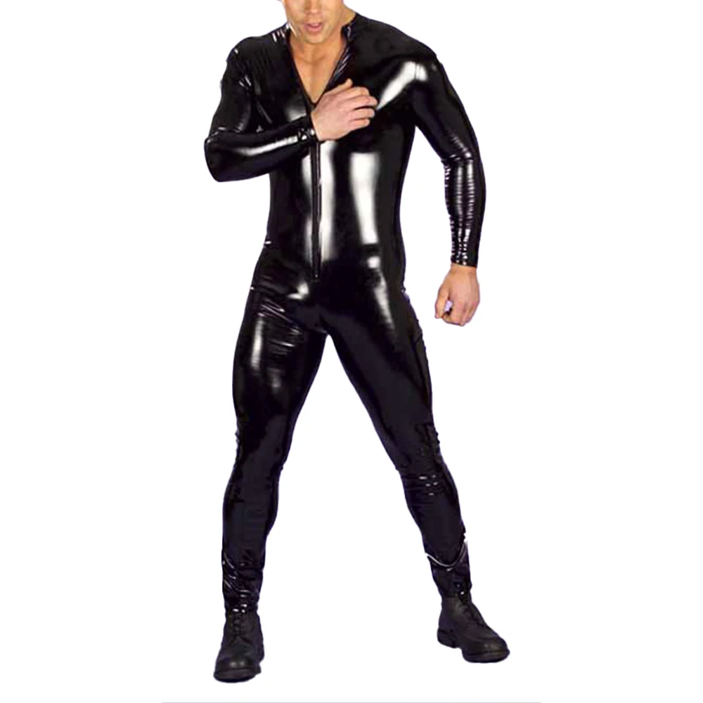 

Faux Leather Men Lingerie 1 Zip Black Bodysuit Clubwear Costume Erotic Jumpsuit Nightwear Plus Size Sissy S 3XL