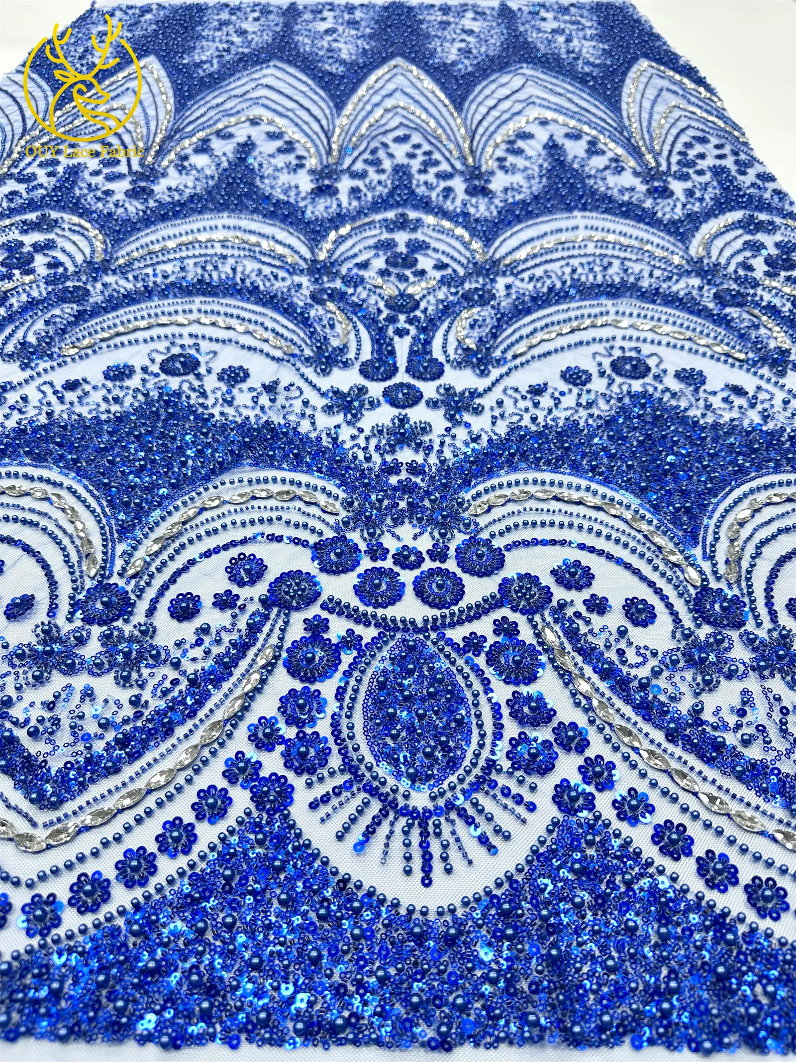 Luxuriöser königlicher lila afrikanischer handgefertigter Perlen-Spitzenstoff, französischer Pailletten-Stein-Tüll-Spitzenstoff für Hochzeitskleid-Design – Detail 8