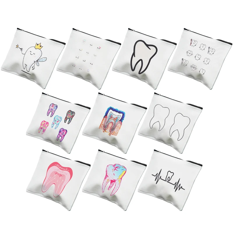 Cute Tooth Cartoon White Zipper Makeup Bag Dental Clinic Storage Bag Portable Travel  Wallet Girls Women Handbag