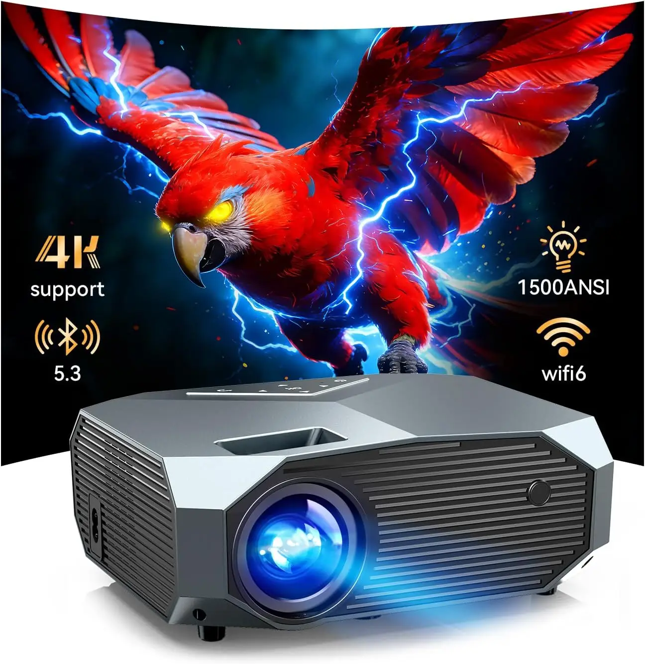 

Проектор с Wi-Fi и Bluetooth, портативный, 1080P, для просмотра фильмов на открытом воздухе, зум 50-100%, экран 400 дюймов, совместим с HDMI/USB/ПК/ТВ/PS5/DVD/iOS