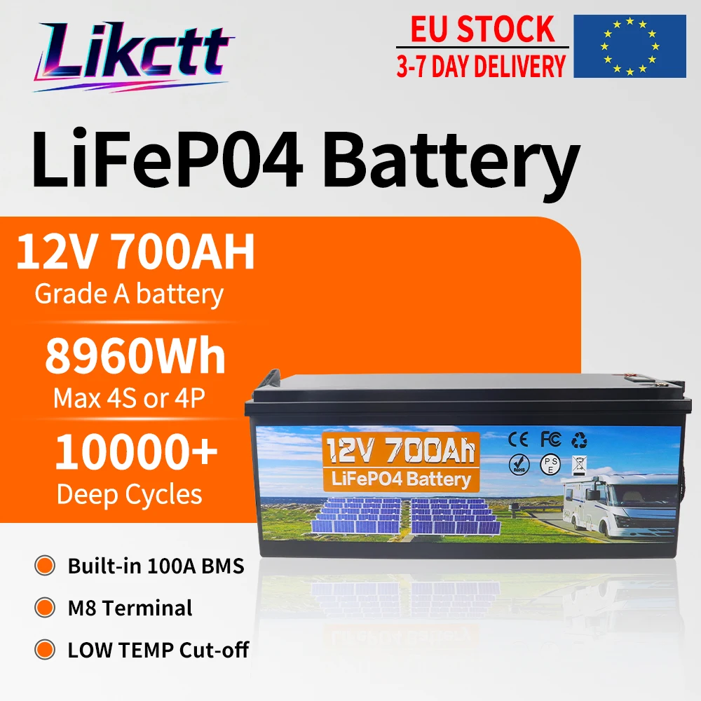 EU-voorraad 12V 24V 100AH 150AH 200AH 350AH LiFePO4-batterij met ingebouwde BMS, lithium-ijzerfosfaatcellen, 9000 cycli, geschikt voor vervanging van de meeste back-upstroom, thuisenergieopslag,