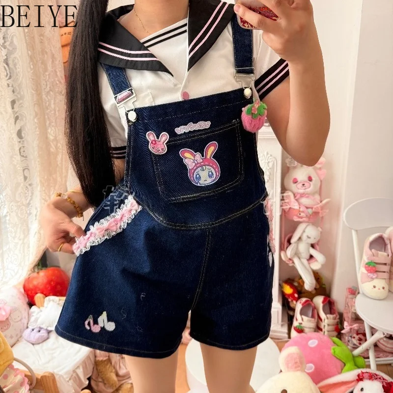 Cartoon Embroidery Denim Overalls for Women Japanese Cute Strap Shorts Female High Street Casual  Y2k Aesthetics Jumpsuits