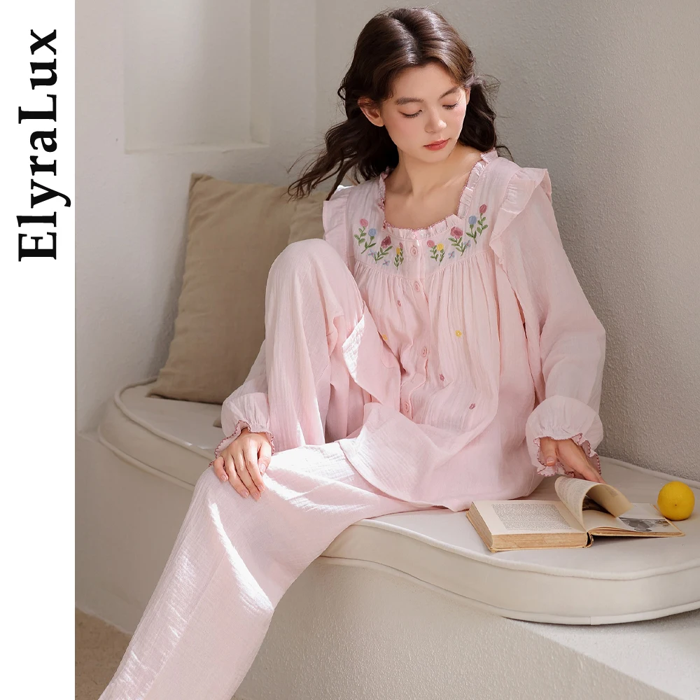 

ElyraLux Women's Pajamas Winter Sleepwear for Sleeping Long Sleeve Trousers Sets Pijama Homewear Pink Floral Embroidery Loose