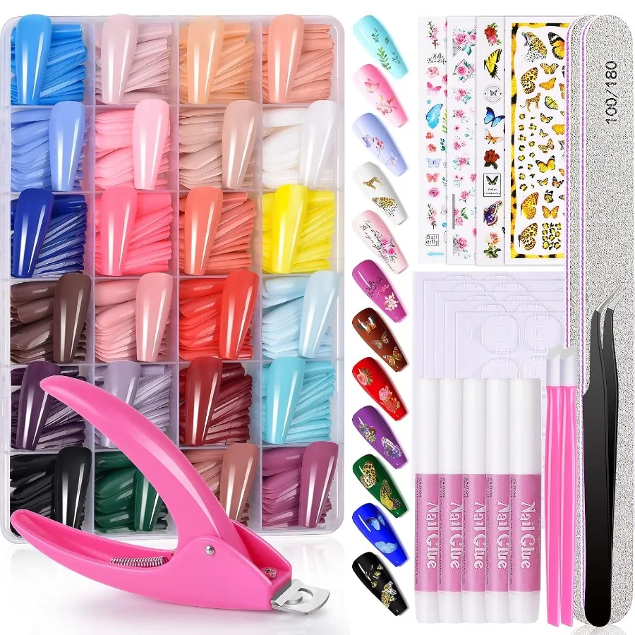 

Long Coffin Press On Nails Set with 24 Colors for Nail Art DIY Ballerina Style Fake Nails with Adhesive Glue Nail Files and Dec