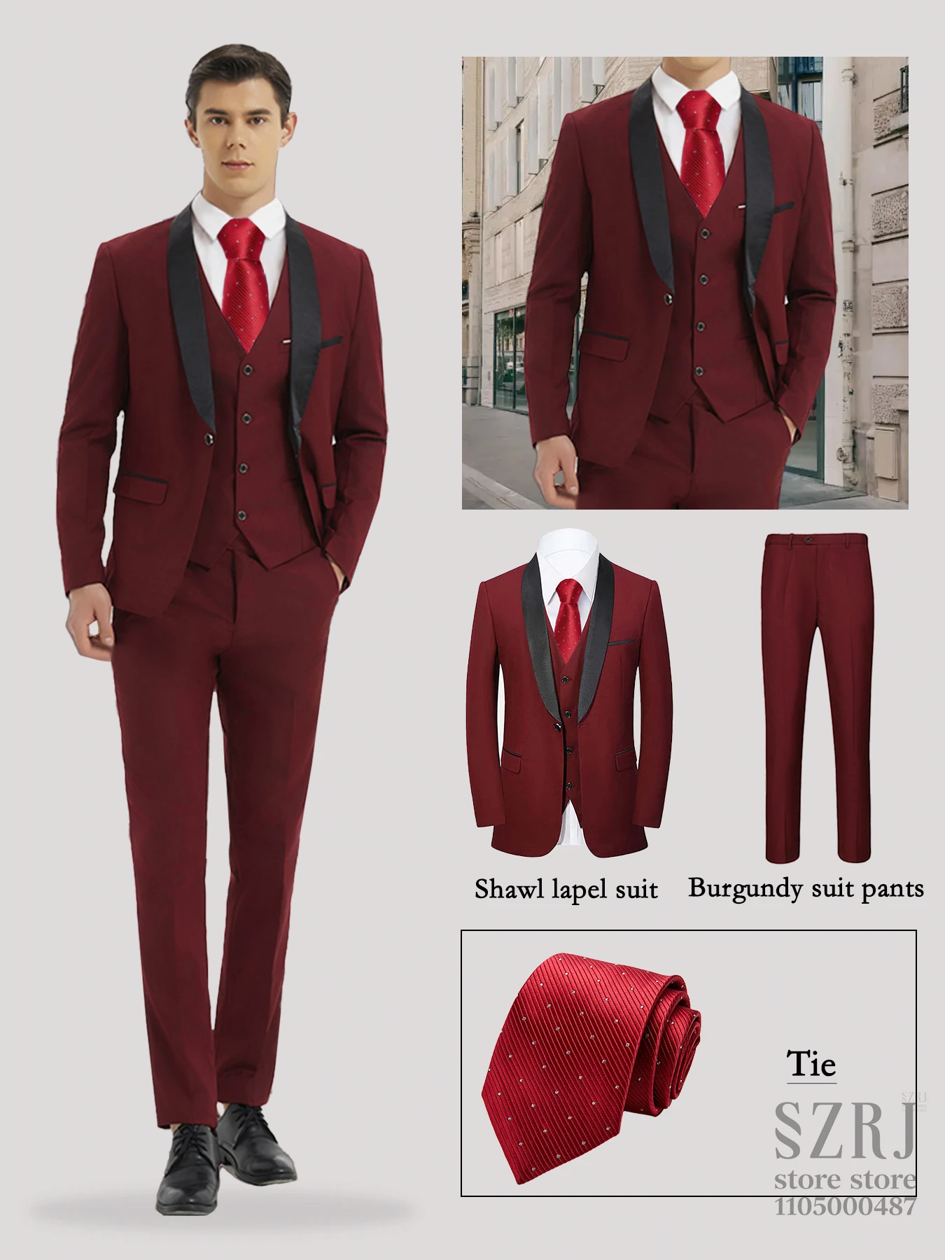

4-Piece Men'sy Suit:Jacket,Vest,Pants&Red Tie.Classic,Fashionable, Smooth Lines.For Business Elites,Events,Banquets,Weddings.