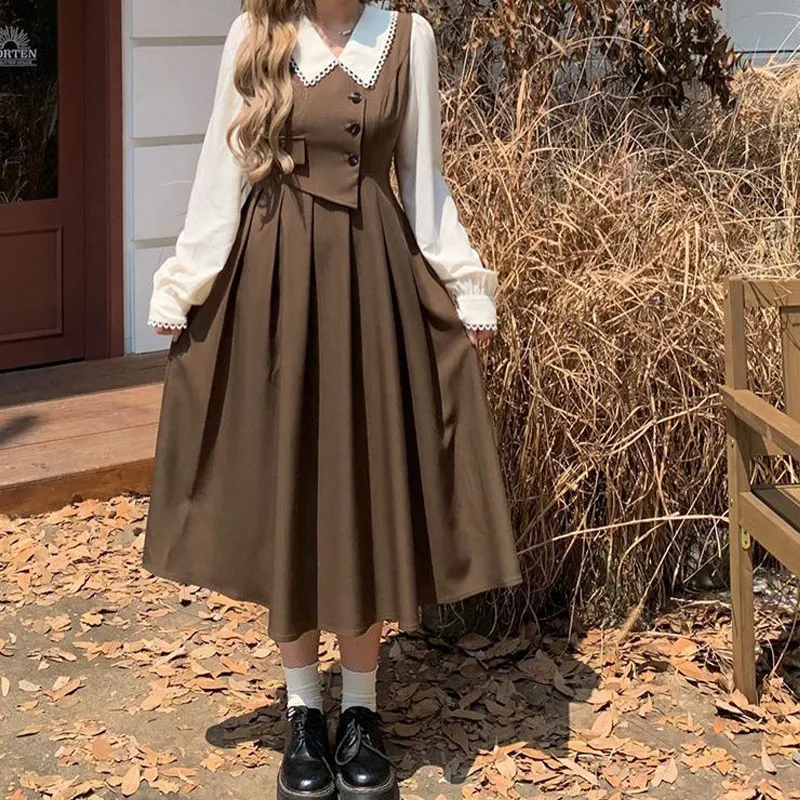 Autumn Vintage Women Dress Sweet Peter Pan Collar Long Sleeve Party A Line Fake Two Pleated Long Dress Vestido Plus Size 5XL