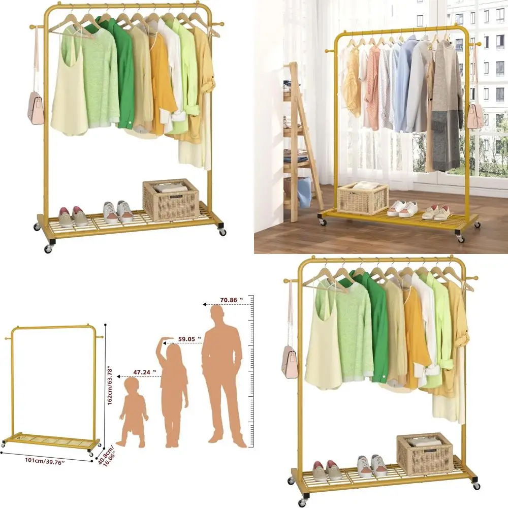 

Золотая металлическая вешалка для одежды на колесиках с сетчатой полкой для подвешивания одежды, 39,76 л x 16 В x 64,56 В