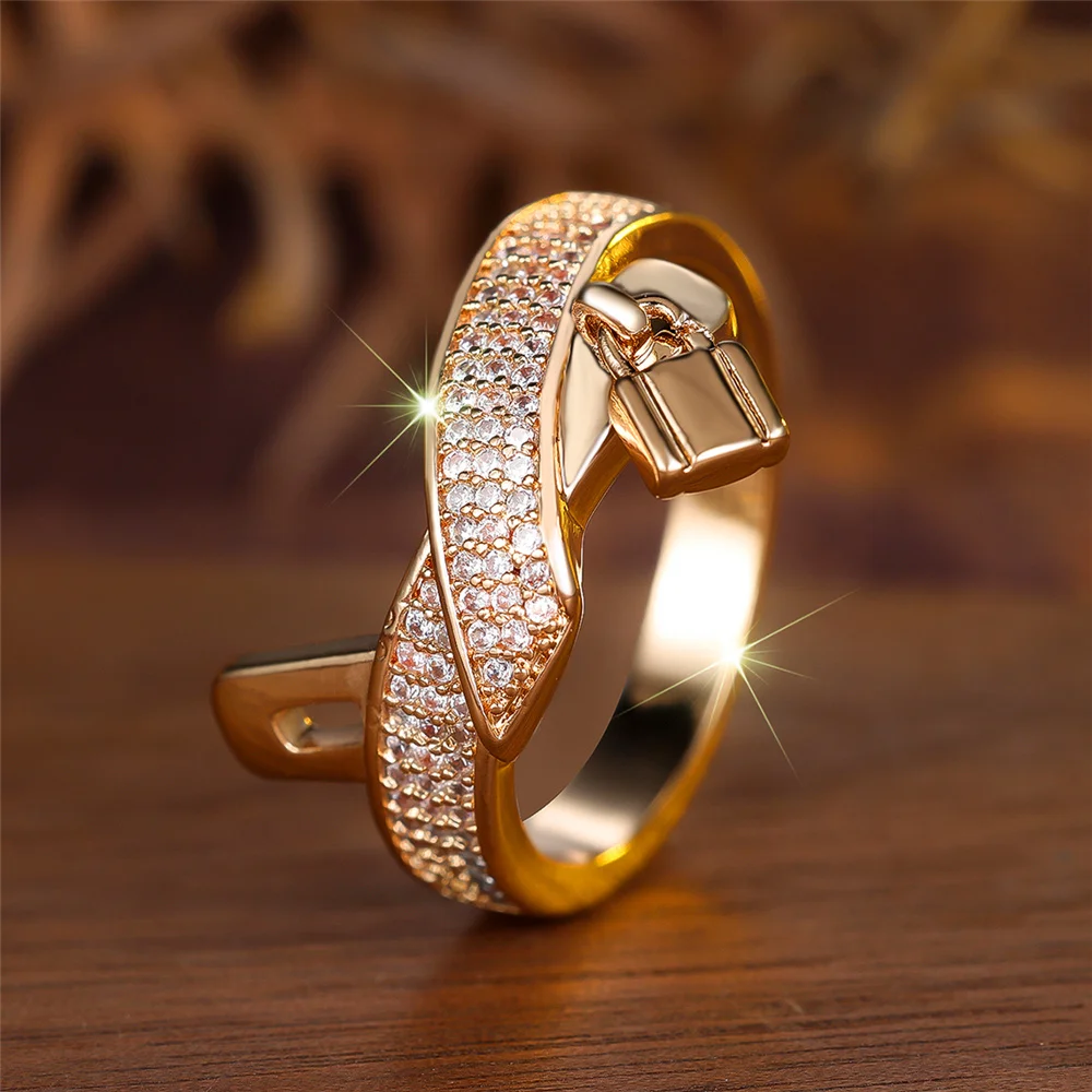 Luxury Female Gold Color White Zircon Stone Wedding Jewelry Promise Love Engagement Rings For Women